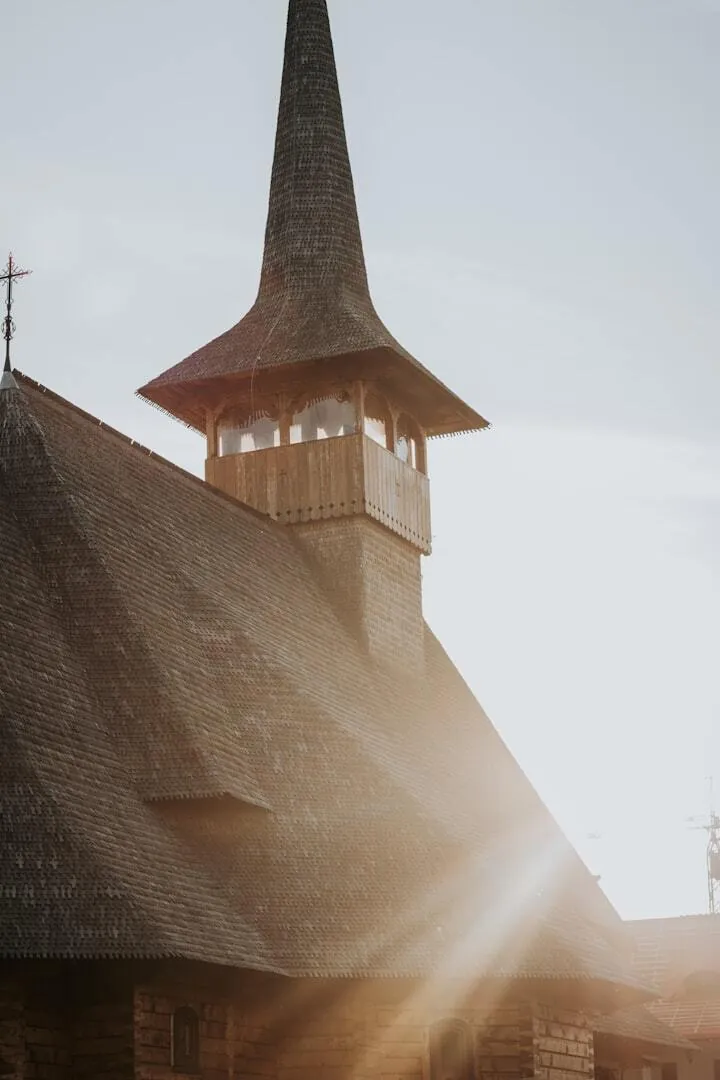 The wooden church with its tall steeple in Breb, Maramureș
